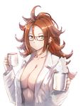  android_21 bad_source black-framed_eyewear bow_(bhp) breasts brown_hair cleavage coffee_mug collarbone cup curly_hair dragon_ball dragon_ball_fighterz dragon_ball_z earrings glasses green_eyes hoop_earrings jewelry large_breasts long_hair looking_at_viewer mug naked_shirt no_bra open_clothes open_shirt shirt simple_background solo white_background 