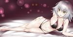  arm_support bangs bare_arms bare_legs bare_shoulders barefoot bed_sheet bikini black_bikini breasts cleavage collarbone commentary_request eyebrows_visible_through_hair fate/grand_order fate_(series) groin hair_between_eyes hand_on_own_thigh highres jeanne_d'arc_(alter)_(fate) jeanne_d'arc_(fate)_(all) large_breasts legs light_particles looking_away lying medium_hair navel o-ring o-ring_bikini o-ring_top on_side open_mouth pale_skin purple_background shiny shiny_clothes shiny_skin silver_hair solo swimsuit tsurime watosu wavy_mouth yellow_eyes 
