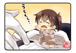  absurdres admiral_(kantai_collection) artist_name blanket brown_hair chibi closed_eyes commentary_request frown futon gloves hands highres japanese_clothes kaga_(kantai_collection) kantai_collection minigirl open_mouth orange_background outstretched_arms pajamas short_hair side_ponytail sitting taisa_(kari) tears upset wariza white_gloves 