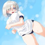  ass_visible_through_thighs blue_buruma blue_eyes breasts breath buruma dd_(ijigendd) dutch_angle eyebrows_visible_through_hair gym_uniform hair_ornament hair_over_one_eye hairclip hamakaze_(kantai_collection) heavy_breathing highres kantai_collection large_breasts looking_at_viewer open_mouth running see-through shirt short_hair silver_hair solo sweat tears thighs wet wet_clothes wet_shirt 