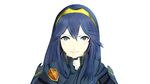  3d blue_eyes blue_hair fingerless_gloves fire_emblem fire_emblem:_kakusei gloves highres index_finger_raised long_hair looking_at_viewer lucina roroi_(roroin612) simple_background smile solo white_background 