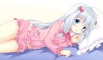  bed_sheet blue_eyes blush bow eromanga_sensei eyebrows_visible_through_hair frilled_shorts frills hair_between_eyes hair_bow izumi_sagiri long_hair looking_at_viewer lying on_side pillow pink_bow pink_shirt pink_shorts shiro_kuma_shake shirt short_shorts shorts silver_hair simple_background solo very_long_hair white_background 