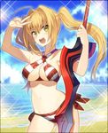  :d aestus_estus ahoge arm_up bangs beach bikini blonde_hair blush breasts contrapposto cowboy_shot criss-cross_halter day eyebrows_visible_through_hair fate/grand_order fate_(series) green_eyes hair_between_eyes hair_intakes halter_top halterneck hand_up holding holding_sword holding_weapon long_hair looking_at_viewer medium_breasts nero_claudius_(fate)_(all) nero_claudius_(swimsuit_caster)_(fate) open_mouth outdoors red_bikini sanae_(satansanae) side-tie_bikini sidelocks smile solo sparkle standing striped striped_bikini swimsuit sword twintails v weapon 