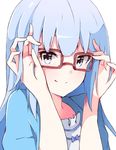  adjusting_eyewear bespectacled blue_eyes enelis glasses idolmaster idolmaster_million_live! idolmaster_million_live!_theater_days long_hair looking_at_viewer red-framed_eyewear shiraishi_tsumugi silver_hair smile solo upper_body white_background 