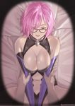 bad_id bad_pixiv_id bed black-framed_eyewear breasts cleavage elbow_gloves fate/grand_order fate_(series) glasses gloves highres large_breasts leotard mash_kyrielight on_bed pink_hair realistic short_hair yonezawa_mao 