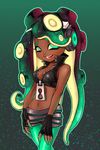  :d absurdres anakona aqua aqua_eyes aqua_hair aqua_legwear aqua_outline aqua_skin bare_shoulders black_gloves black_hair black_shirt breasts cleavage cowboy_shot crop_top crossed_legs dark_skin eyelashes fingerless_gloves gloves gradient gradient_background gradient_hair grey_shorts headphones highres horizontal_pupils iida_(splatoon) lips long_hair looking_at_viewer medium_breasts mole mole_under_mouth multicolored multicolored_hair multicolored_skin navel_piercing octarian open_mouth outline pantyhose piercing pink_lips pink_pupils popped_collar shirt short_shorts shorts sleeveless sleeveless_shirt smile solo splatoon_(series) splatoon_2 standing suction_cups teeth tentacle_hair two-tone_hair two-tone_skin very_long_hair zipper zipper_pull_tab 