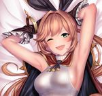  ;d absurdres armpits arms_behind_back arms_up ascot bangs bed_sheet black_bow black_neckwear blonde_hair blush bow bracelet breasts brown_gloves cape clarisse_(granblue_fantasy) dakimakura from_above gloves granblue_fantasy green_eyes hair_bow highres jewelry large_breasts long_hair looking_at_viewer on_bed one_eye_closed open_mouth red_cape ribbed_sweater smile solo sweater ulrich_(tagaragakuin) white_sweater 