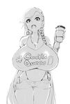  ass_visible_through_thighs backlighting bangle bracelet braid breasts cleavage clothes_writing coffee_cup commentary cowboy_shot cup disposable_cup earrings eyebrows_visible_through_hair gigantic_breasts greyscale highleg highleg_panties jewelry long_hair looking_at_viewer magister_(medical_whiskey) midriff monochrome muchigaku navel open_mouth original pandora_smith panties shirt short_shorts shorts side_braid single_braid solo t-shirt thigh_gap thumb_in_pocket underwear very_long_hair 