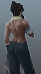  armband ass avatar_(series) back black_hair commentary contrapposto dark_skin facing_away from_behind hair_tubes high_ponytail korra long_hair muscle muscular_female revision solo standing the_legend_of_korra topless towel towel_around_neck william_ruzicka 