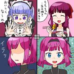  absurdres alternate_costume blue_eyes blush chopsticks comic commentary enmaided heart heart_hands highres holding holding_chopsticks long_hair maid maid_headdress mochizuki_momiji moe_moe_kyun! new_game! ponytail purple_eyes purple_hair rifyu suzukaze_aoba takimoto_hifumi translated 