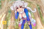  animal_ears arm_support bikini blue_legwear breasts character_name cleavage commentary_request cowboy_shot day detached_sleeves elephant_ears eyebrows_visible_through_hair grey_hair hair_between_eyes hand_on_own_cheek hand_on_own_knee hand_up indian_elephant_(kemono_friends) japari_symbol johnny_(tattva_isekai-dou) kemono_friends leaning_forward long_hair looking_at_viewer open_mouth outdoors red_eyes scarf skirt smile solo standing swimsuit thighhighs 