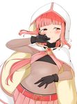  black_gloves blush cloak closed_mouth gloves highres hood hood_up hooded_cloak liz_(piyoko_piyop) looking_at_viewer lying magia_record:_mahou_shoujo_madoka_magica_gaiden magical_girl mahou_shoujo_madoka_magica navel pink_eyes pink_hair shy skirt solo tamaki_iroha white_background 