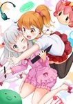  :d ;d black_legwear blue_eyes blush bow brown_eyes brown_hair dress_shirt eromanga_sensei eyebrows_visible_through_hair floating_hair gamyuu_(gamyu) grey_jacket hair_bow hair_ornament headphones headphones_removed holding holding_stylus hug hug_from_behind izumi_sagiri jacket jewelry jinno_megumi layered_skirt long_hair mask mask_removed miniskirt multiple_girls necklace one_eye_closed open_mouth pink_shirt pink_shorts ponytail red_bow red_ribbon red_skirt ribbon shirt short_shorts shorts silver_hair skirt smile thighhighs very_long_hair zettai_ryouiki 