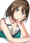  arm_rest bare_arms blue_eyes blush breasts brown_hair choker cleavage collarbone commentary_request hair_between_eyes hair_ornament hairclip hand_on_own_cheek highres kantai_collection large_breasts looking_at_viewer masukuza_j maya_(kantai_collection) open_mouth remodel_(kantai_collection) sailor_collar short_hair simple_background solo upper_body white_background 