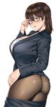  adjusting_eyewear alternate_costume ass bad_anatomy bespectacled blush breasts brown_hair brown_legwear commentary_request cowboy_shot from_behind glasses highres jewelry kaga_(kantai_collection) kantai_collection large_breasts light_brown_eyes long_hair looking_at_viewer looking_back no_panties office_lady pantyhose ring side_ponytail skirt skirt_pull solo wedding_band white_background zonda_(solid_air) 