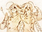  2girls ahoge ariarikapibara2 blazblue braid lambda-11 monochrome multiple_girls nu-13 single_braid whistle 