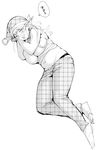  barefoot belly blush breasts ear_wiggle elf elf-san_wa_yaserarenai. erufuda-san full_body greyscale hat highres huge_breasts long_hair lying midriff monochrome navel nightcap on_side pajamas panties pants plaid plump pointy_ears simple_background sketch sleeping solo synecdoche underwear unmoving_pattern white_background zzz 