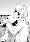  absurdres back bag blush gift greyscale highres kemono_friends long_hair looking_at_viewer monochrome multicolored_hair seu_kaname sitting solo stoat_(kemono_friends) stoat_ears two-tone_hair 