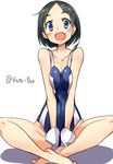  black_hair blue_eyes blue_swimsuit breast_squeeze breasts buta-don fang gloves hair_ornament hairclip indian_style kantai_collection kuroshio_(kantai_collection) looking_at_viewer one-piece_swimsuit open_mouth short_hair simple_background sitting small_breasts solo swimsuit twitter_username white_background white_gloves 