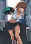  abs air_conditioner alley black_skirt boxing_gloves breasts brown_hair cleavage clenched_hand clenched_teeth collarbone day earrings grin highres jewelry large_breasts leaning_forward looking_at_viewer midriff miniskirt muscle muscular_female navel no_bra original outdoors overhead_door pipes pleated_skirt punching punching_at_viewer ranma_(kamenrideroz) red_eyes school_uniform shirt short_hair skirt skirt_flip smile solo teeth tied_shirt trash_can 