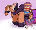  1girl ass barefoot blush bob_cut circlet cum dark_skin darm_engine ejaculation feet female fingerless_gloves footjob full_body gloves green_eyes menat no_shoes paw_pose penis purple_hair short_hair skin_tight skindentation small_breasts soles street_fighter street_fighter_v thighhighs toeless_legwear toes uncensored 