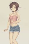  bare_arms bare_shoulders blue_shorts brown_eyes brown_hair camisole choker contemporary crop_top earrings highres hoop_earrings jewelry knees_together_feet_apart looking_at_viewer midriff miura-n315 navel pink_shirt sakuya_(utawareru_mono) shirt short_hair short_shorts shorts sleeveless solo utawareru_mono utawareru_mono:_itsuwari_no_kamen 