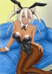  animal_ears black_leotard black_ribbon blonde_hair breasts brown_legwear bunny_ears bunnysuit cleavage couch dark_skin detached_collar feet_out_of_frame glasses hair_between_eyes highres kantai_collection large_breasts leotard looking_at_viewer musashi_(kantai_collection) nyantamaran pantyhose pointy_hair red_eyes ribbon short_hair_with_long_locks sitting solo strapless strapless_leotard two_side_up wrist_cuffs 