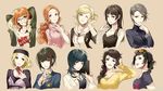  alternate_hairstyle black_hair blonde_hair blush fur_trim glasses headphones highres jacket kawakami_sadayo kosei_high_school_uniform long_hair looking_at_viewer mifune_chihaya minami_(p_hanbee) multiple_girls niijima_makoto niijima_sae ohya_ichiko okumura_haru orange_hair persona persona_5 red_eyes sakura_futaba short_hair siblings simple_background sisters smile takamaki_anne takemi_tae tougou_hifumi 