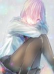  black_legwear black_skirt fate/grand_order fate_(series) grey_background grey_jacket hair_over_one_eye jacket looking_at_viewer mash_kyrielight miniskirt pantyhose pink_hair pleated_skirt purple_eyes short_hair sitting sketch skirt smile solo utsugi_chisako_(shironil) 