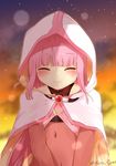  black_gloves blush cloak closed_eyes closed_mouth emukuro eyebrows_visible_through_hair gem gloves highres hood hood_up hooded_cloak magia_record:_mahou_shoujo_madoka_magica_gaiden magical_girl mahou_shoujo_madoka_magica navel pink_eyes pink_hair smile solo tamaki_iroha 