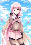  black_gloves cloak closed_mouth day gloves highres hood hooded_cloak long_hair looking_at_viewer magia_record:_mahou_shoujo_madoka_magica_gaiden magical_girl mahou_shoujo_madoka_magica navel pink_eyes pink_hair skirt solo tamaki_iroha tatsuno_(saya-tatsuno) very_long_hair 