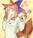  animal_ears blue_bow blush bow breasts choker cleavage closed_eyes fate/extra fate_(series) fox_ears fox_tail hair_bow hakuya_kung hand_in_hair heart highres holding medium_breasts open_mouth shirt signature solo standing tail tamamo_(fate)_(all) tamamo_no_mae_(fate) upper_body white_shirt yellow_background 