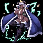  1girl animal_ears areolae black_legwear blue_cape boots cape dark_skin full_body looking_at_viewer monaka_(gatinemiku) monster_girl navel revealing_clothes solo swimsuit tagme tail thighs tokyo_tenma_devil_prison white_hair wide_hips yellow_eyes 