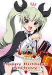  anchovy anzio_school_uniform bangs birthday_cake black_cape black_neckwear black_ribbon black_skirt cake candle cape character_doll character_name commentary_request dress_shirt drill_hair dutch_angle english eyebrows_visible_through_hair figure food fruit gift girls_und_panzer gradient gradient_background green_hair hair_ribbon hands_together happy_birthday heart highres interlocked_fingers kumoi_takashi long_hair long_sleeves looking_at_viewer miniskirt necktie open_mouth orange out_of_frame pantyhose pink_background pleated_skirt pov pov_hands red_eyes ribbon school_uniform shirt sitting skirt smile solo_focus strawberry twin_drills twintails upper_body white_legwear white_shirt 