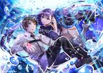  1girl air_bubble armor armored_boots black_hair black_pants blue_eyes boots bubble command_spell eyebrows_visible_through_hair fate/grand_order fate_(series) floating_hair fujimaru_ritsuka_(male) hair_between_eyes long_hair meltlilith open_mouth panties pants purple_eyes purple_hair smile submerged tattoo thigh_boots thighhighs underwater underwear uniform very_long_hair yanagiba_kiriko 