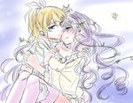  2girls airen ayase_eli blonde_hair blush carry couple embarrassed long_hair looking_at_another love_live! love_live!_school_idol_project multiple_girls ponytail princess_carry purple_hair simple_background sketch tears toujou_nozomi white_background yuri 