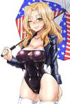  american_flag american_flag_print black_jacket black_leotard blazer blonde_hair blue_eyes breasts cowboy_shot flag_print girls_und_panzer grin jacket kay_(girls_und_panzer) large_breasts latex leotard long_hair looking_at_viewer one_eye_closed qzo_(akai_kitsune) race_queen shiny shiny_clothes simple_background smile solo thighhighs umbrella white_background 