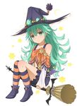  berserker0113 broom broom_riding capelet date_a_live green_eyes green_hair hat kneehighs long_hair looking_at_viewer natsumi_(date_a_live) over-kneehighs shoulder_strap sidesaddle solo thighhighs wavy_hair witch_hat 