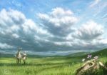  1boy animal arrow bird blue_sky bow_(weapon) cloud cloudy_sky commentary_request day flock flower gauntlets grass highres hill horse male_focus meadow original pink_flower plant reins robe rock scenery shiki_makoto short_hair signature sky solo standing weapon white_hair white_robe wide_shot 