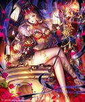  1girl bad_id bad_pixiv_id blonde_hair breasts bustier candle church cleavage crossed_legs crown detached_sleeves flower frills fur_trim gold indoors jewelry large_breasts legs lips long_hair long_sleeves looking_at_viewer microskirt necklace parted_lips petals red_flower red_rose revealing_clothes rose shingoku_no_valhalla_gate sitting skirt skull solo staff statue thighlet veil very_long_hair wavy_hair wreath 
