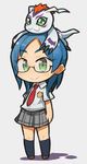  :3 blue_hair chibi color_connection creature_on_head crossover digimon full_body glasses gomamon green_eyes hair_color_connection ibara. long_hair looking_at_viewer necktie on_head rinoda_mano school_girl_strikers school_uniform skirt smile 