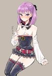  belt blush breasts commentary_request detached_collar detached_sleeves fate/grand_order fate_(series) grey_background helena_blavatsky_(fate/grand_order) highres looking_at_viewer medium_hair mironomeo nipples nose_blush parted_lips purple_eyes purple_hair shirt_pull sketch small_breasts solo thighhighs translated white_sleeves zettai_ryouiki 