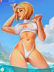  artist_name ass_visible_through_thighs bikini blonde_hair breasts breasts_apart cleavage cleavage_cutout cloud contrapposto day dc_comics didi_esmeralda grey_eyes highleg highleg_bikini large_breasts lips looking_at_viewer nail_polish navel nose ocean outdoors parted_lips power_girl short_hair sky smile solo standing swimsuit toned turtleneck white_bikini 