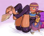  1girl ass barefoot blush bob_cut circlet dark_skin darm_engine feet female fingerless_gloves footjob full_body gloves green_eyes menat no_shoes paw_pose penis precum purple_hair short_hair skin_tight skindentation small_breasts soles street_fighter street_fighter_v thighhighs toeless_legwear toes uncensored 