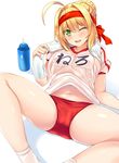  ;d ahoge arm_support bangs bottle breasts buruma commentary_request eyebrows_visible_through_hair fate/grand_order fate_(series) gym_shirt gym_uniform hair_between_eyes hair_intakes hinata_sora large_breasts looking_at_viewer lying midriff name_tag navel nero_claudius_(fate) nero_claudius_(fate)_(all) olympian_bloomers on_back one_eye_closed open_mouth red_buruma shadow shirt smile socks solo spread_legs t-shirt thighs towel towel_around_neck tsurime water_bottle wet white_legwear white_shirt 