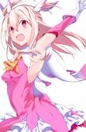  absurdres arm_up armpits fate/kaleid_liner_prisma_illya fate_(series) feathers gloves hair_feathers highres hiiragi_ken illyasviel_von_einzbern long_hair looking_at_viewer magical_girl open_mouth pink_eyes prisma_illya simple_background solo two_side_up white_background white_gloves white_hair yellow_neckwear 