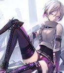  1girl arm_support artist_name bangs black_gloves blue_eyes boots breasts commentary_request dyolf eyebrows_visible_through_hair girls_frontline gloves grey_shirt gun hair_between_eyes head_tilt holding holding_gun holding_weapon knee_up multicolored_hair pink_hair purple_footwear purple_legwear purple_shorts shirt short_hair short_shorts shorts signature silver_hair sitting small_breasts solo streaked_hair thigh_boots thighhighs thompson/center_contender_(girls_frontline) weapon 