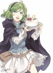  blue_eyes blush cake cape fire_emblem fire_emblem:_rekka_no_ken fire_emblem_heroes food green_hair hairband looking_at_viewer nino_(fire_emblem) open_mouth short_hair skirt smile solo 