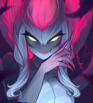  artist_name breasts bright_pupils evelynn face facial_mark fang fingernails highres hot large_breasts league_of_legends looking_at_viewer mimi-loves-foxes multicolored_hair pink_hair sharp_fingernails smile solo two_side_up upper_body white_hair white_skin 
