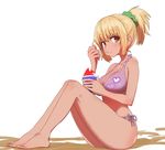  ass bare_legs bare_shoulders barefoot bikini blonde_hair blush breasts brown_eyes cleavage commentary dark_skin eating food from_side full_body green_scrunchie gyaru hair_ornament hair_scrunchie hand_up holding holding_spoon ice_cream large_breasts looking_at_viewer looking_to_the_side medium_hair no_nose ponytail purple_bikini scrunchie side-tie_bikini simple_background sitting solo spoon sumiyao_(amam) swimsuit white_background 